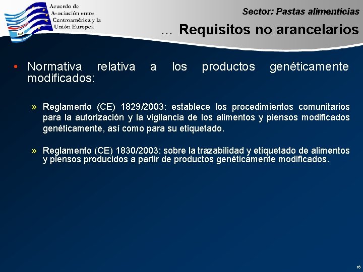 Sector: Pastas alimenticias … Requisitos no arancelarios • Normativa relativa a los productos genéticamente