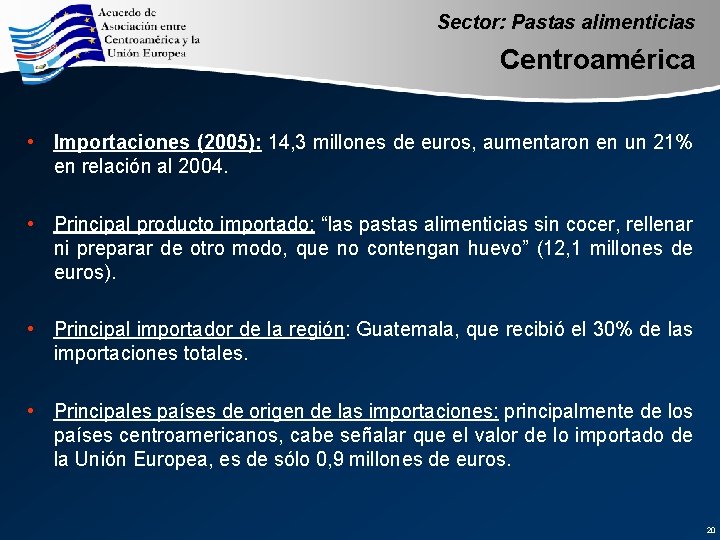 Sector: Pastas alimenticias Centroamérica • Importaciones (2005): 14, 3 millones de euros, aumentaron en