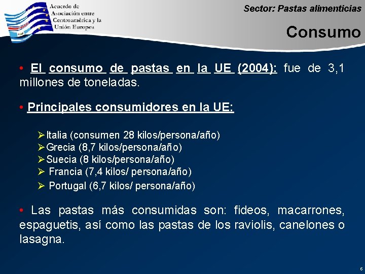 Sector: Pastas alimenticias Consumo • El consumo de pastas en la UE (2004): fue