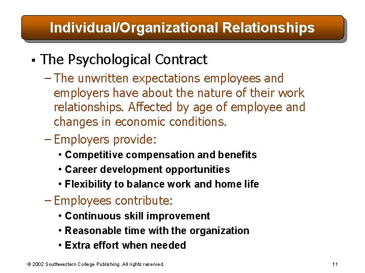 Individual/Organizational Relationships § The Psychological Contract – The unwritten expectations employees and employers have