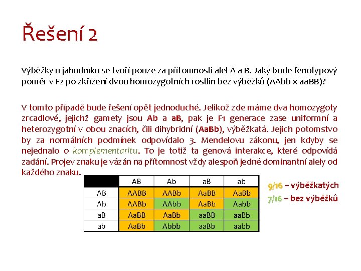 Řešení 2 Výběžky u jahodníku se tvoří pouze za přítomnosti alel A a B.