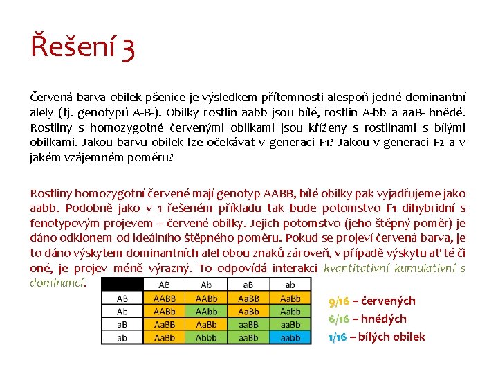 Řešení 3 Červená barva obilek pšenice je výsledkem přítomnosti alespoň jedné dominantní alely (tj.