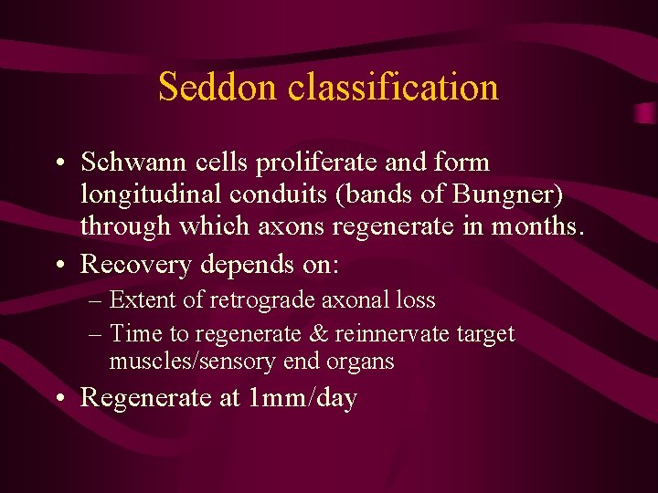 Seddon classification • Schwann cells proliferate and form longitudinal conduits (bands of Bungner) through