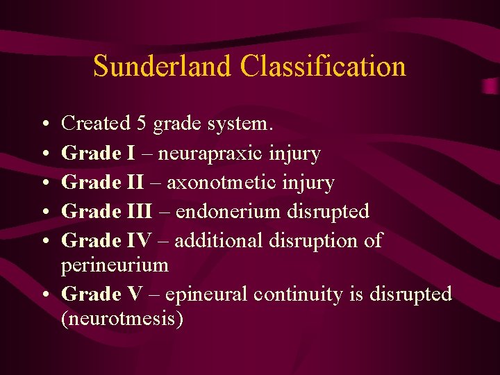 Sunderland Classification • • • Created 5 grade system. Grade I – neurapraxic injury