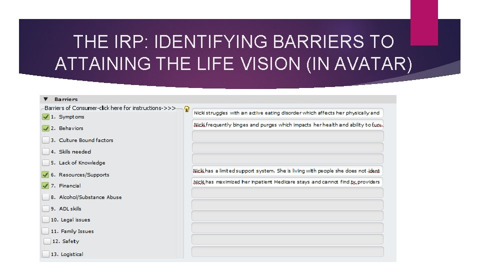 THE IRP: IDENTIFYING BARRIERS TO ATTAINING THE LIFE VISION (IN AVATAR) 