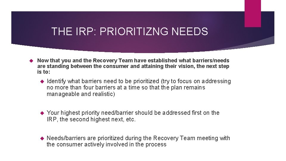 THE IRP: PRIORITIZNG NEEDS Now that you and the Recovery Team have established what