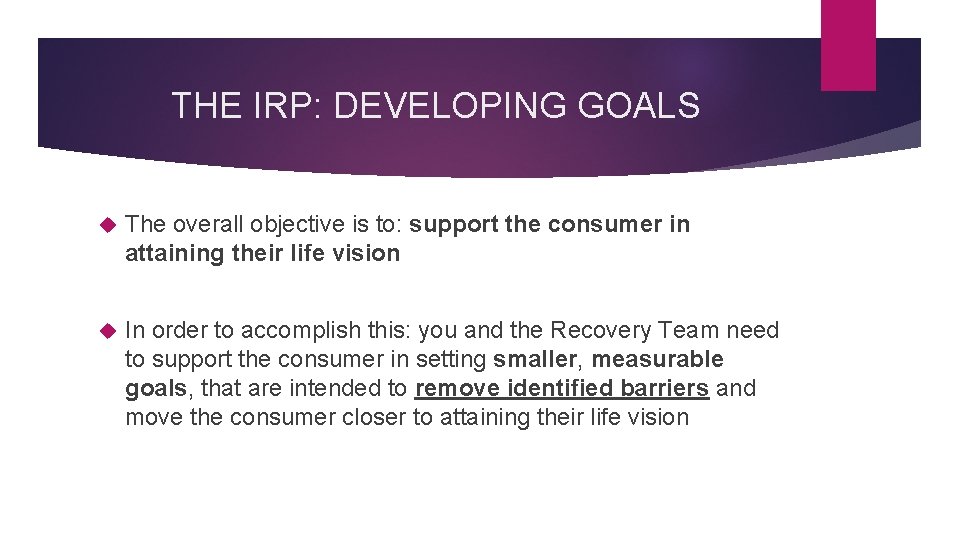 THE IRP: DEVELOPING GOALS The overall objective is to: support the consumer in attaining