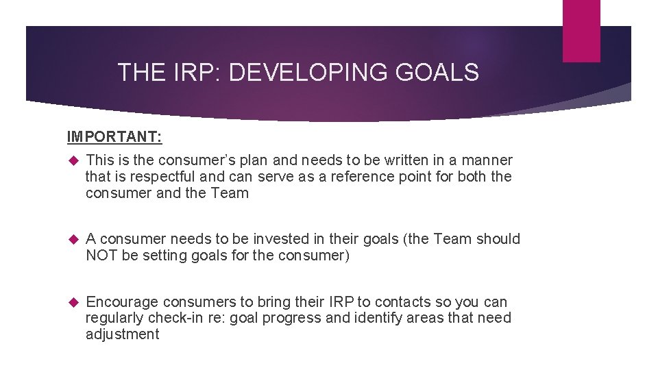 THE IRP: DEVELOPING GOALS IMPORTANT: This is the consumer’s plan and needs to be