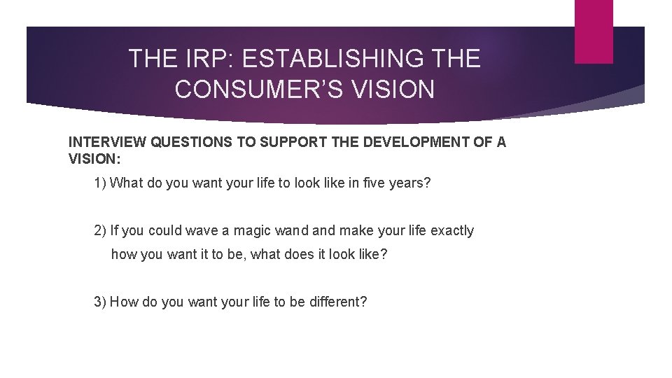 THE IRP: ESTABLISHING THE CONSUMER’S VISION INTERVIEW QUESTIONS TO SUPPORT THE DEVELOPMENT OF A