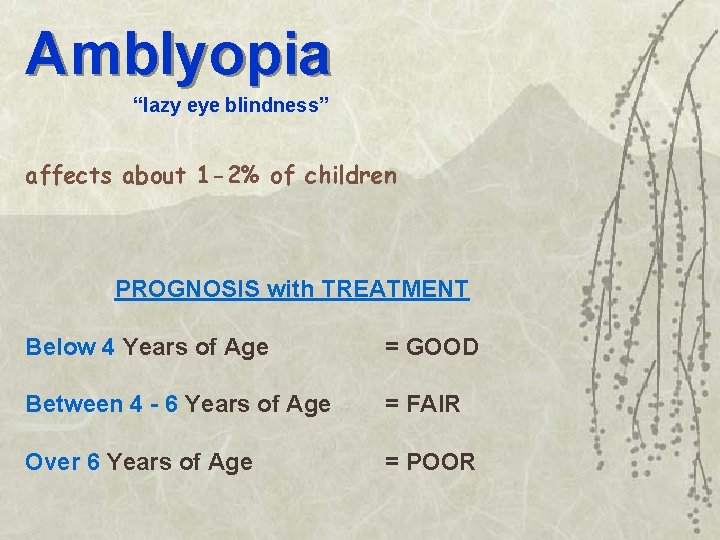 Amblyopia “lazy eye blindness” affects about 1 -2% of children PROGNOSIS with TREATMENT Below