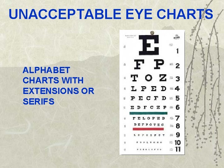 UNACCEPTABLE EYE CHARTS ALPHABET CHARTS WITH EXTENSIONS OR SERIFS 