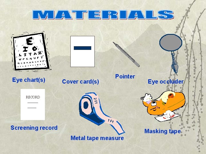 Eye chart(s) Cover card(s) Eye occluder 2 Ft RECORD Pointer 1 Ft Screening record