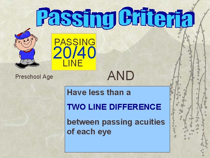 PASSING 20/40 LINE Preschool Age AND Have less than a TWO LINE DIFFERENCE between