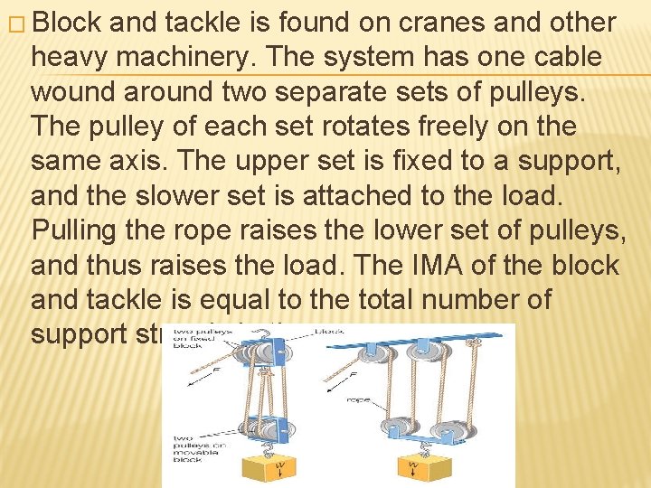 � Block and tackle is found on cranes and other heavy machinery. The system