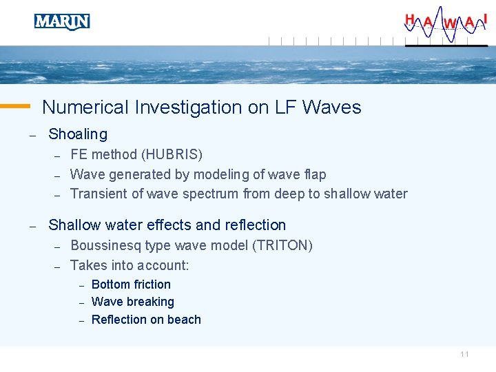Numerical Investigation on LF Waves – Shoaling – – FE method (HUBRIS) Wave generated