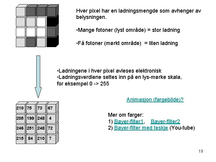 Hver pixel har en ladningsmengde som avhenger av belysningen. • Mange fotoner (lyst område)