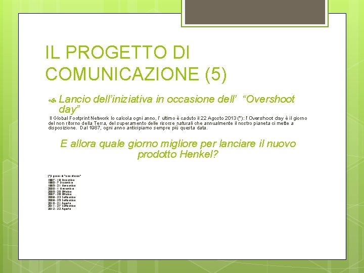 IL PROGETTO DI COMUNICAZIONE (5) Lancio dell’iniziativa in occasione dell’ “Overshoot day” Il Global