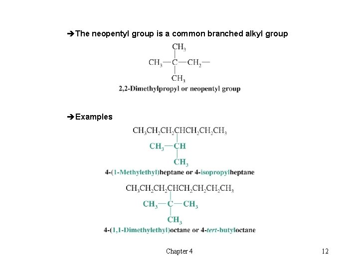 èThe neopentyl group is a common branched alkyl group èExamples Chapter 4 12 