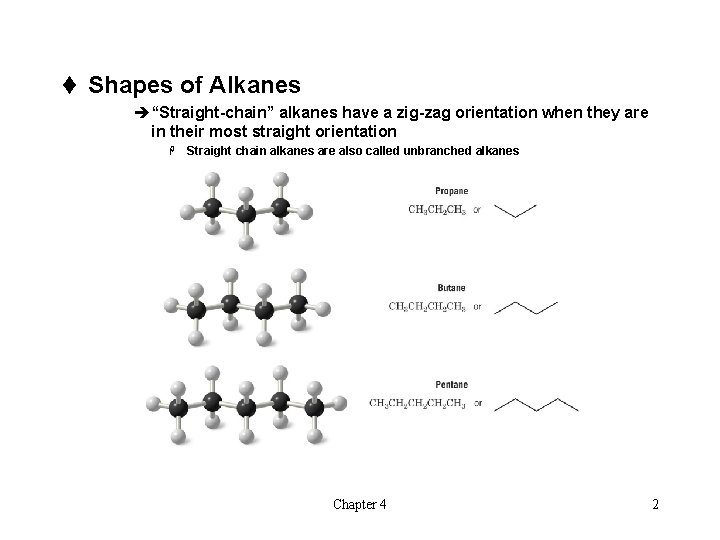 t Shapes of Alkanes è“Straight-chain” alkanes have a zig-zag orientation when they are in
