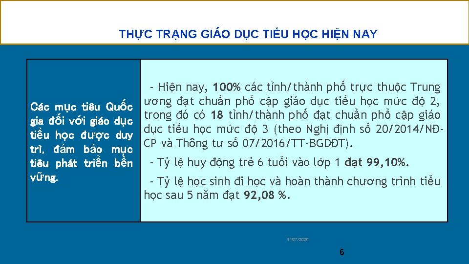 THỰC TRẠNG GIÁO DỤC TIỂU HỌC HIỆN NAY Các mục tiêu Quốc gia đối