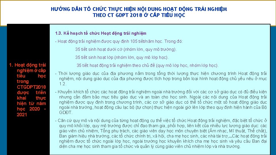 HƯỚNG DẪN TỔ CHỨC THỰC HIỆN NỘI DUNG HOẠT ĐỘNG TRẢI NGHIỆM THEO CT