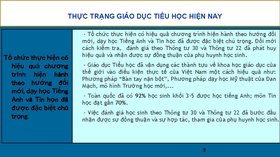 THỰC TRẠNG GIÁO DỤC TIỂU HỌC HIỆN NAY Tổ chức thực hiện có hiệu