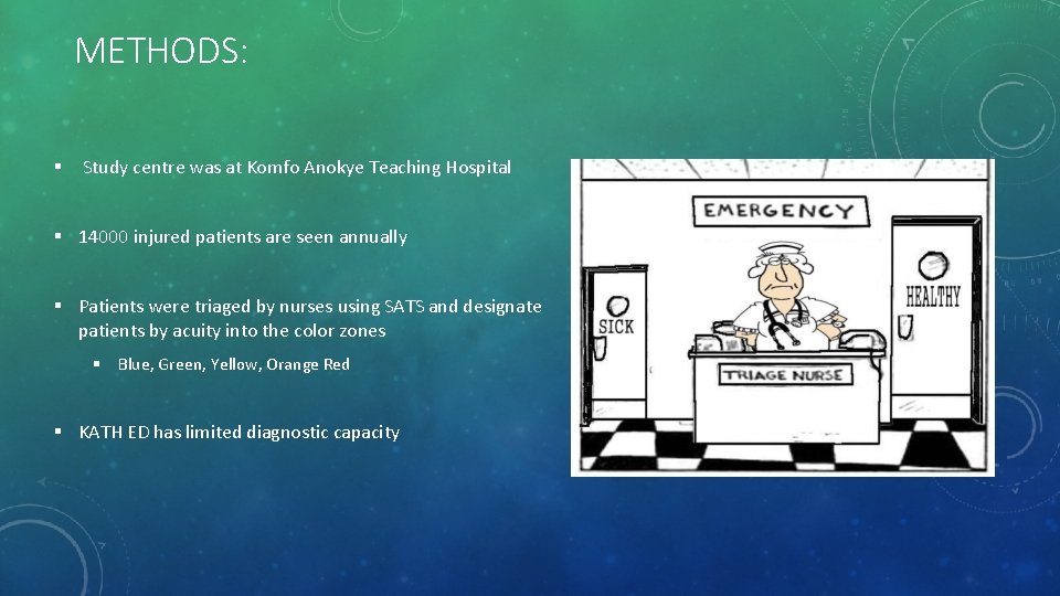 METHODS: § Study centre was at Komfo Anokye Teaching Hospital § 14000 injured patients