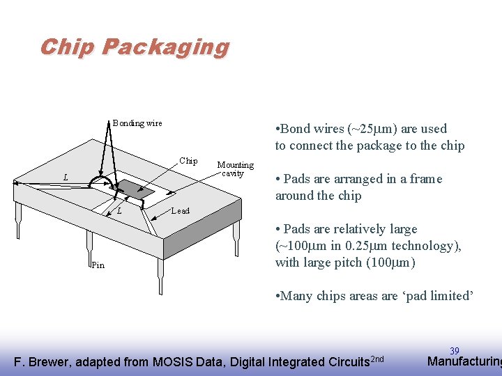 Chip Packaging Bonding wire • Bond wires (~25 m) are used to connect the