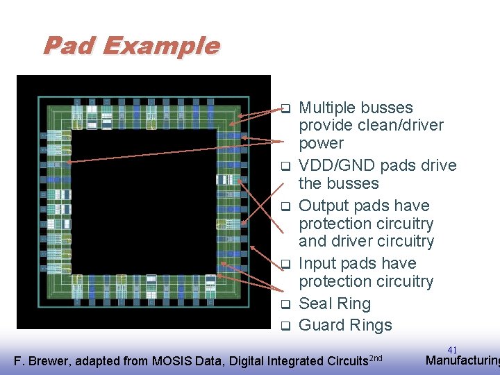 Pad Example q q q Multiple busses provide clean/driver power VDD/GND pads drive the