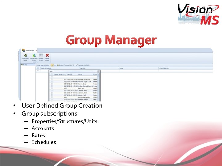 Group Manager • User Defined Group Creation • Group subscriptions – – Properties/Structures/Units Accounts