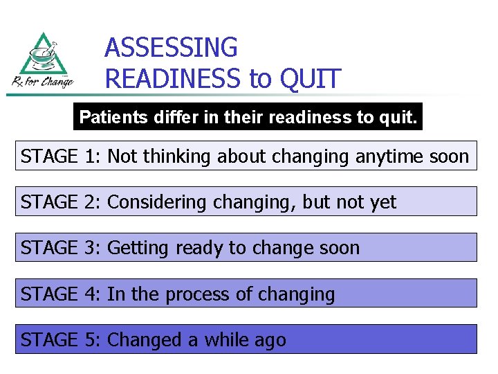 ASSESSING READINESS to QUIT Patients differ in their readiness to quit. STAGE 1: Not