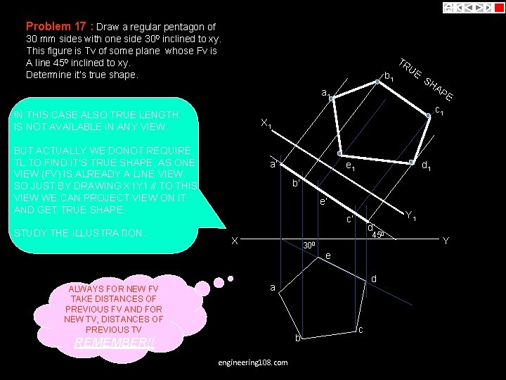 Problem 17 : Draw a regular pentagon of 30 mm sides with one side