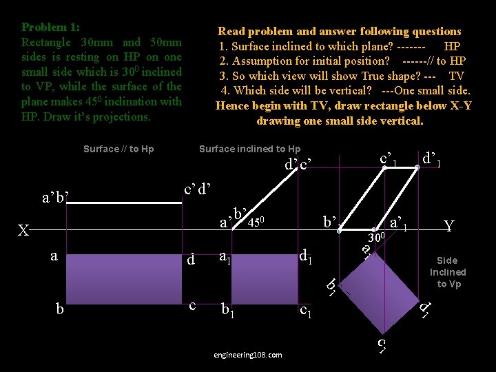 Problem 1: Rectangle 30 mm and 50 mm sides is resting on HP on
