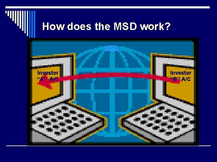 How does the MSD work? MSD Investor “A” A/C Investor “B” A/C 