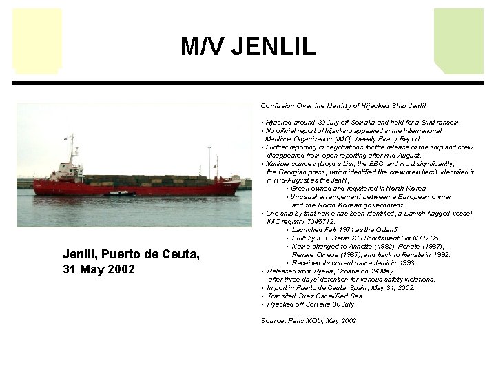 M/V JENLIL Confusion Over the Identity of Hijacked Ship Jenlil, Puerto de Ceuta, 31 M/V JENLIL Confusion Over the Identity of Hijacked Ship Jenlil, Puerto de Ceuta, 31