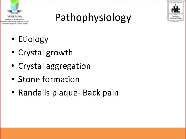 Pathophysiology • • • Etiology Crystal growth Crystal aggregation Stone formation Randalls plaque- Back Pathophysiology • • • Etiology Crystal growth Crystal aggregation Stone formation Randalls plaque- Back