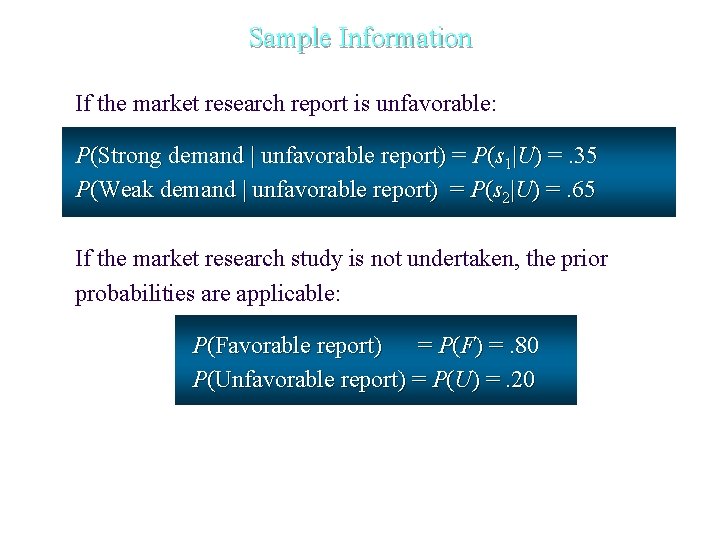 Sample Information If the market research report is unfavorable: P(Strong demand | unfavorable report)