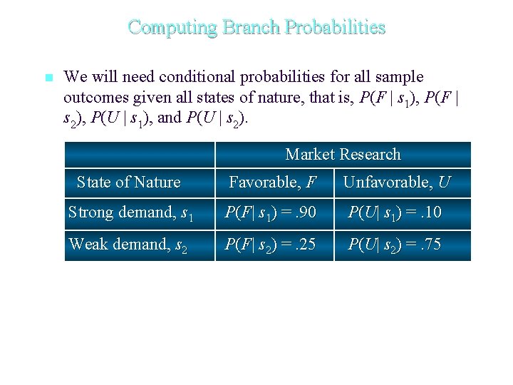 Computing Branch Probabilities n We will need conditional probabilities for all sample outcomes given