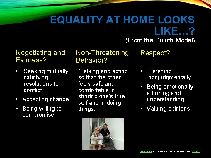 EQUALITY AT HOME LOOKS LIKE…? (From the Duluth Model) Negotiating and Fairness? Non-Threatening Behavior? EQUALITY AT HOME LOOKS LIKE…? (From the Duluth Model) Negotiating and Fairness? Non-Threatening Behavior?