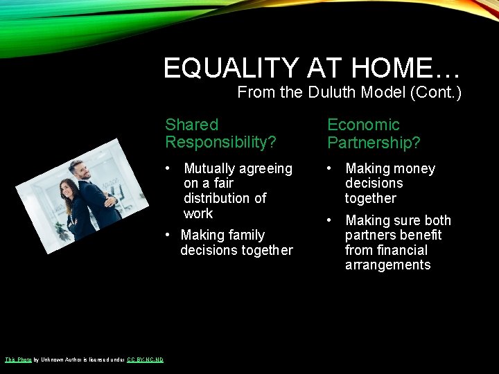 EQUALITY AT HOME… From the Duluth Model (Cont. ) Shared Responsibility? Economic Partnership? • EQUALITY AT HOME… From the Duluth Model (Cont. ) Shared Responsibility? Economic Partnership? •