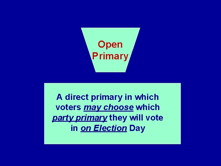 Open Primary A direct primary in which voters may choose which party primary they