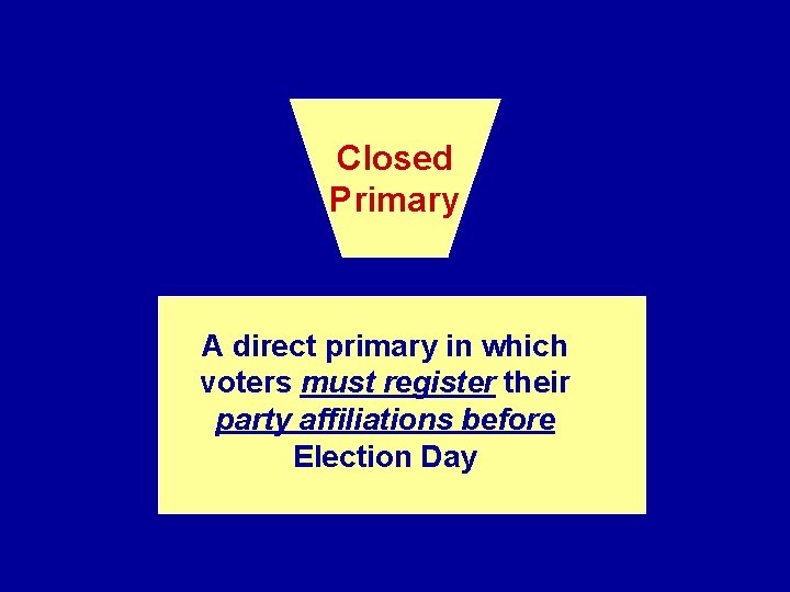 Closed Primary A direct primary in which voters must register their party affiliations before