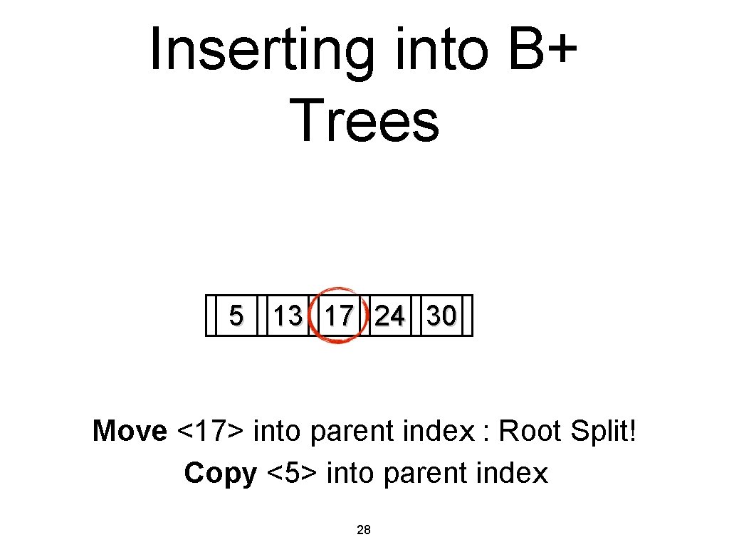 Inserting into B+ Trees 5 13 17 24 30 Move <17> into parent index