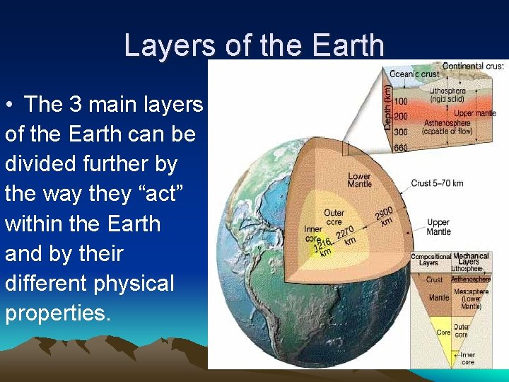 Layers of the Earth • The 3 main layers of the Earth can be