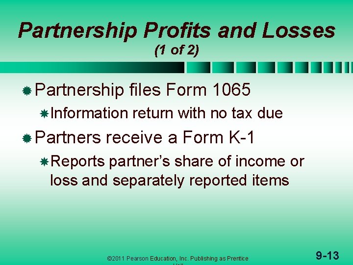 Partnership Profits and Losses (1 of 2) ® Partnership Information ® Partners files Form