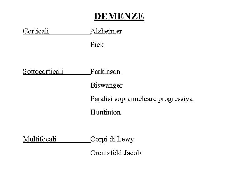 DEMENZE Corticali Alzheimer Pick Sottocorticali Parkinson Biswanger Paralisi sopranucleare progressiva Huntinton Multifocali Corpi di