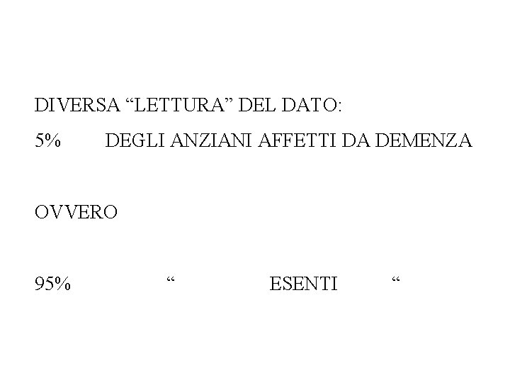 DIVERSA “LETTURA” DEL DATO: 5% DEGLI ANZIANI AFFETTI DA DEMENZA OVVERO 95% “ ESENTI