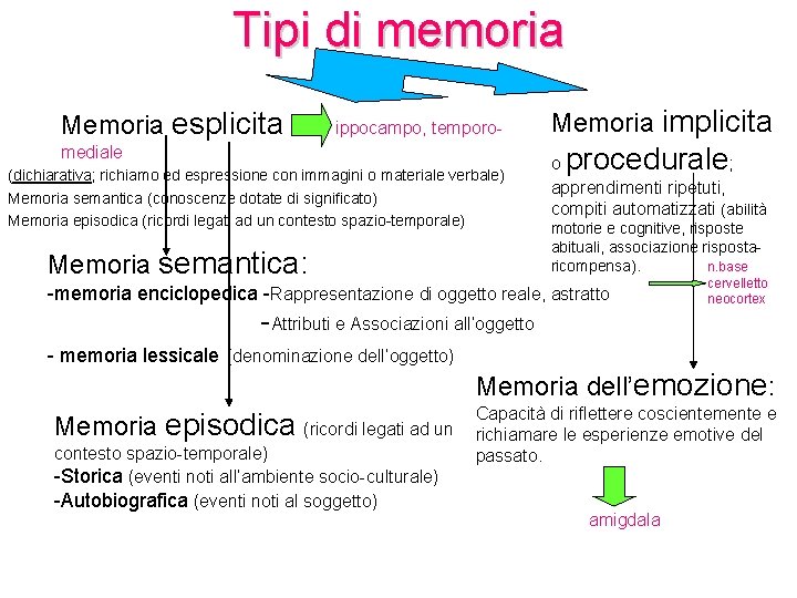 Tipi di memoria Memoria esplicita ippocampo, temporomediale (dichiarativa; richiamo ed espressione con immagini o