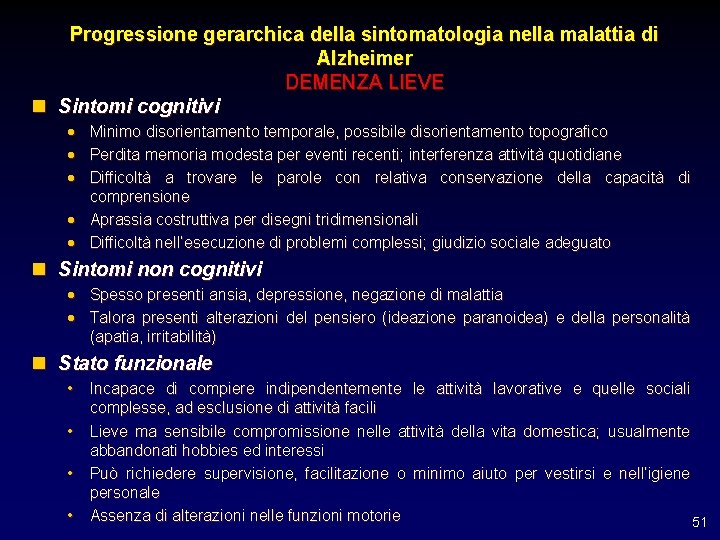 Progressione gerarchica della sintomatologia nella malattia di Alzheimer DEMENZA LIEVE n Sintomi cognitivi ·