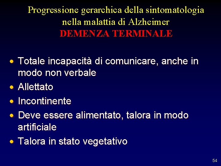 Progressione gerarchica della sintomatologia nella malattia di Alzheimer DEMENZA TERMINALE · Totale incapacità di